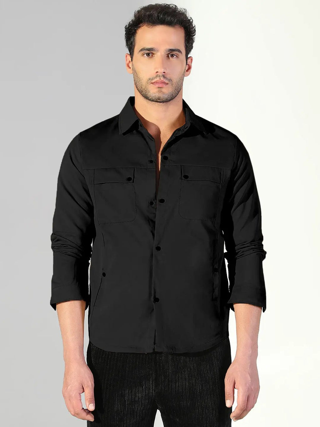 Men's Black Snap Button Regular Fit Shacket