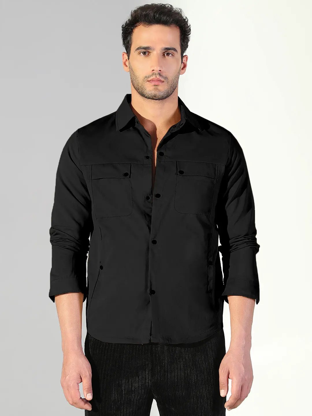Men's Black Snap Button Regular Fit Shacket