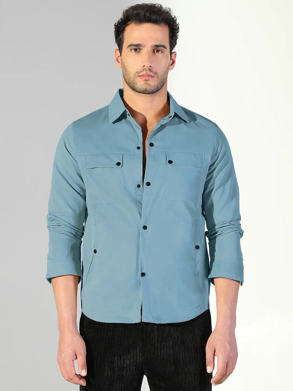 Men's Blue Snap Button Regular Fit Shacket