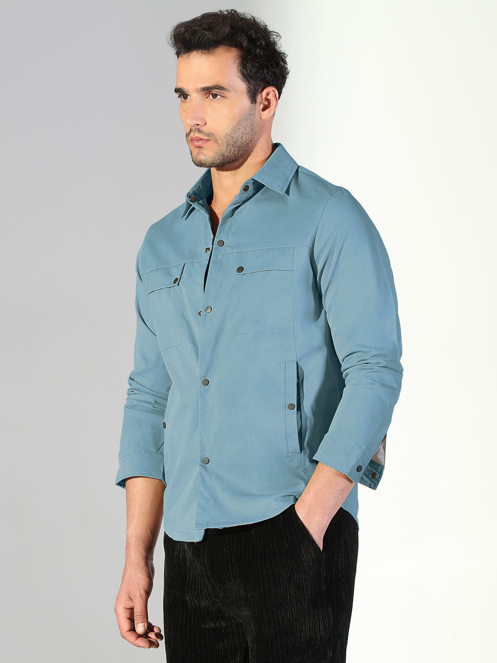 Men's Blue Snap Button Regular Fit Shacket