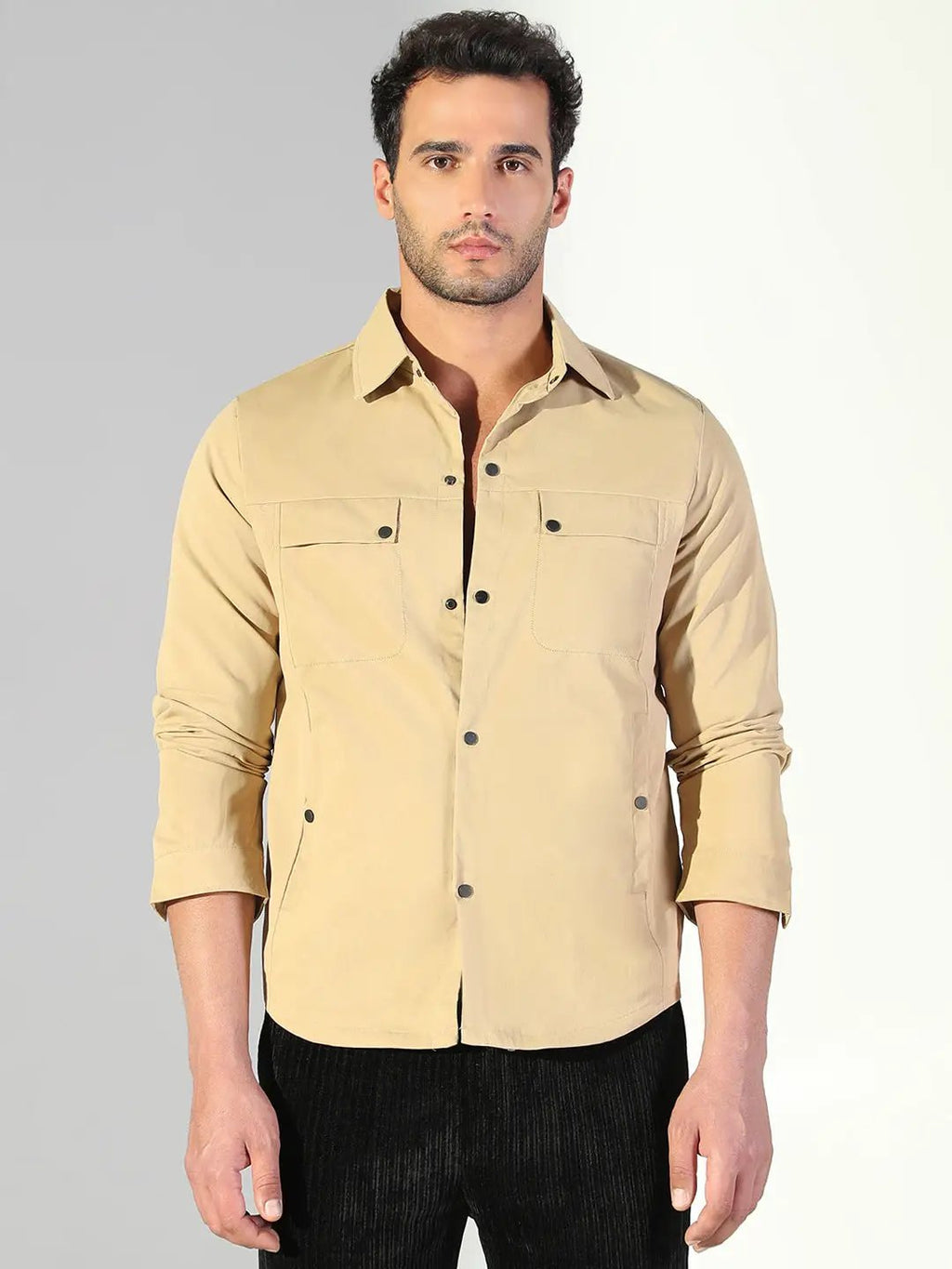 Men's Khaki Snap Button Regular Fit Shacket