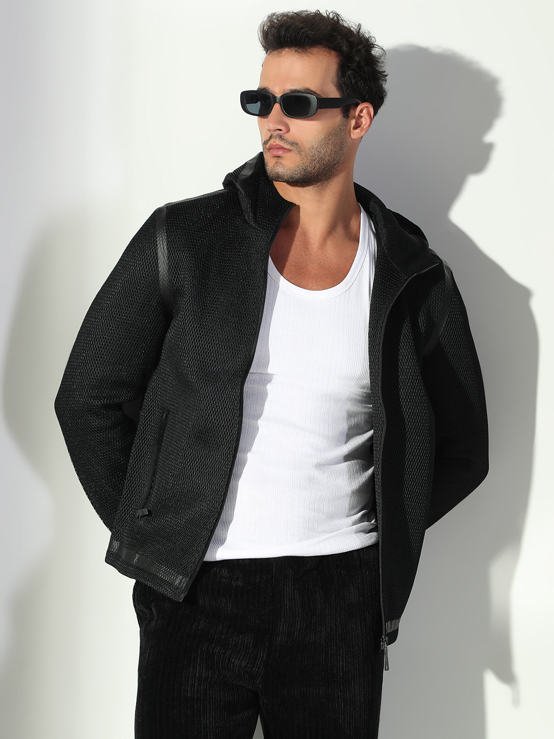 Men's Hooded Solid Black Sporty Jacket