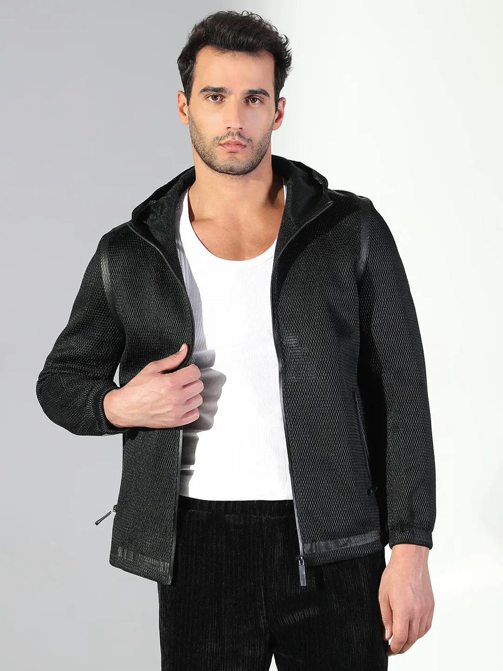 Men's Hooded Solid Black Sporty Jacket