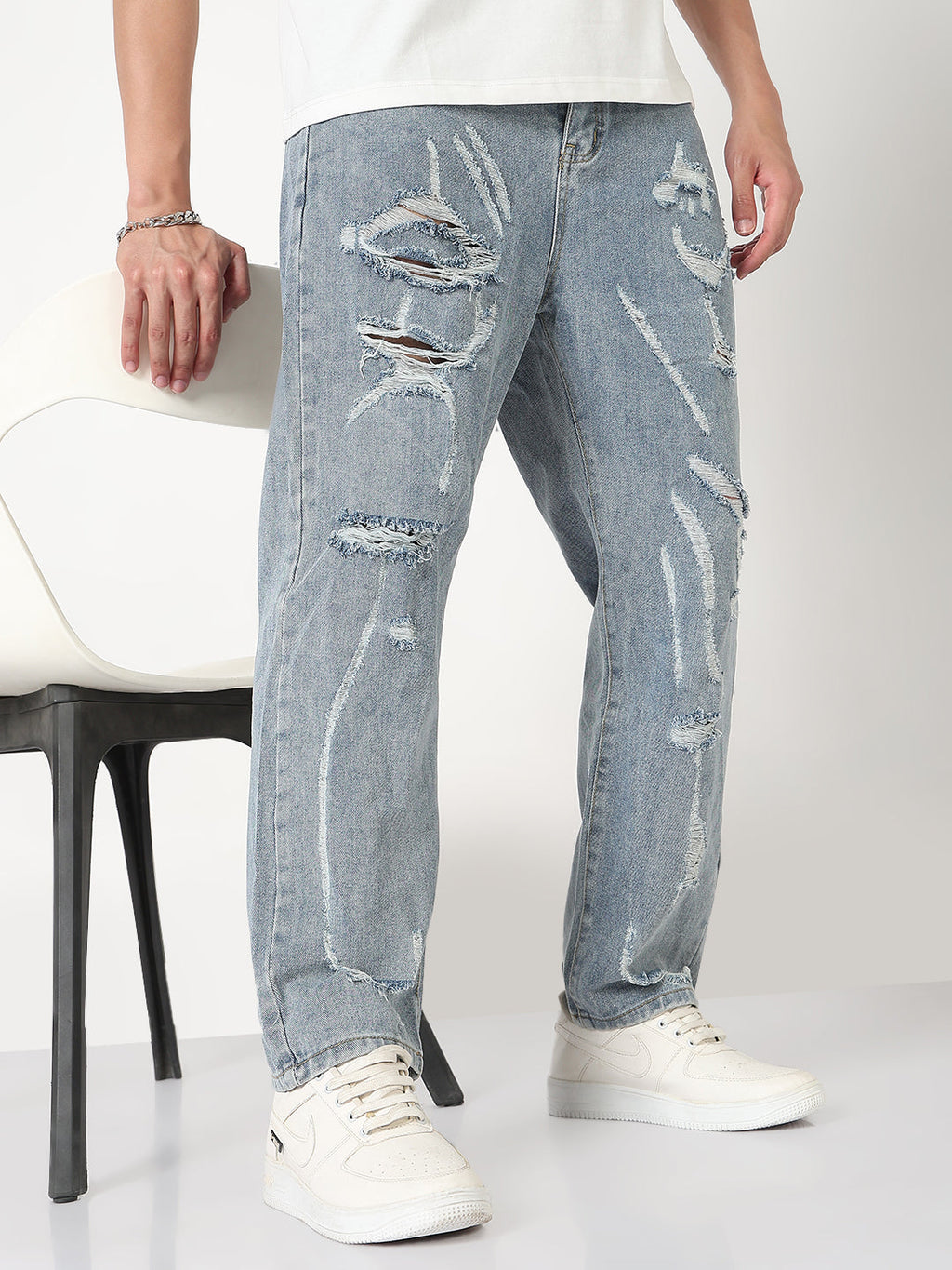 Men's Blue Distressed Straight Fit Jeans