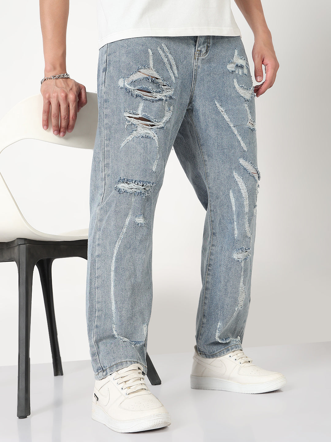 Men's Blue Distressed Straight Fit Jeans