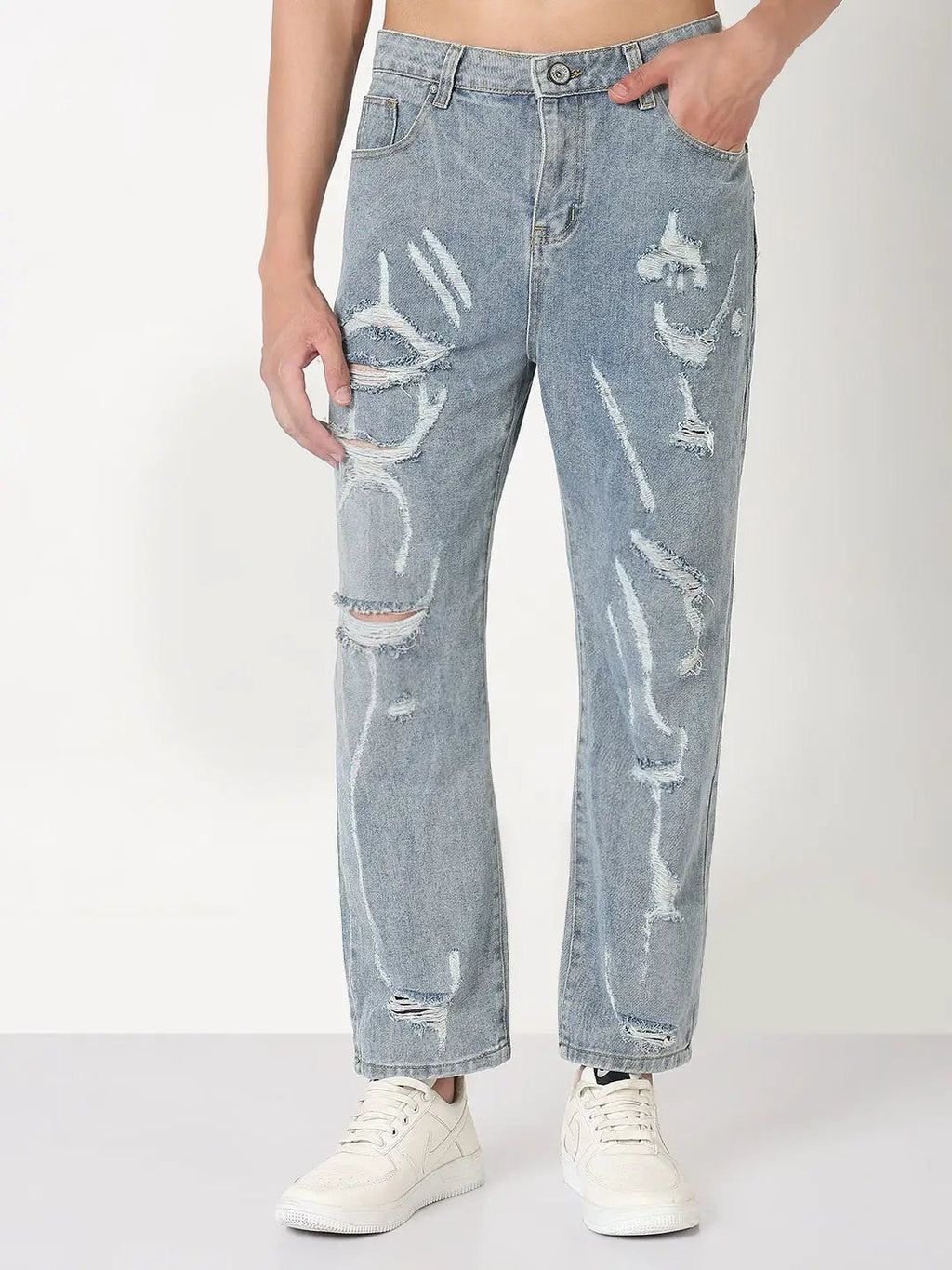 Men's Blue Distressed Straight Fit Jeans