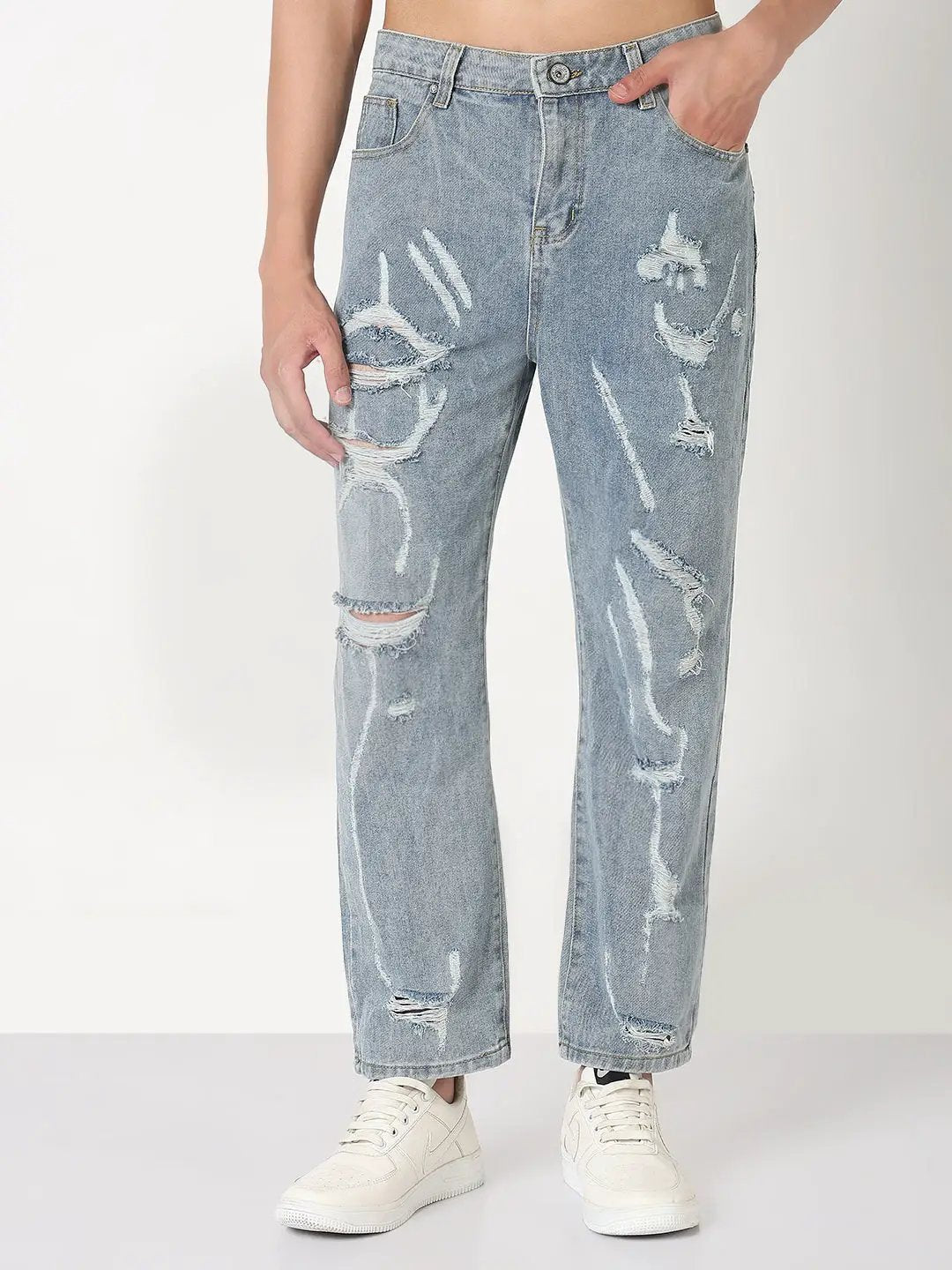 Men's Blue Distressed Straight Fit Jeans