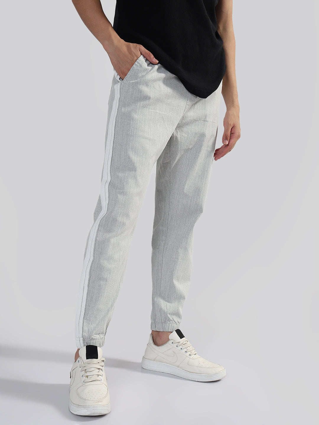 Men's Grey Slim Fit Linen Joggers with Side Strips
