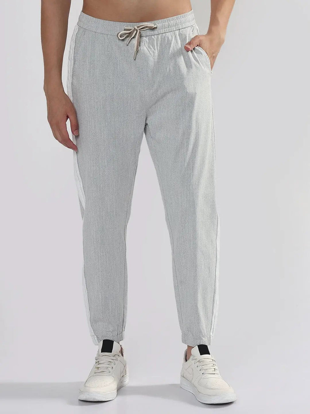 Men's Grey Slim Fit Linen Joggers with Side Strips
