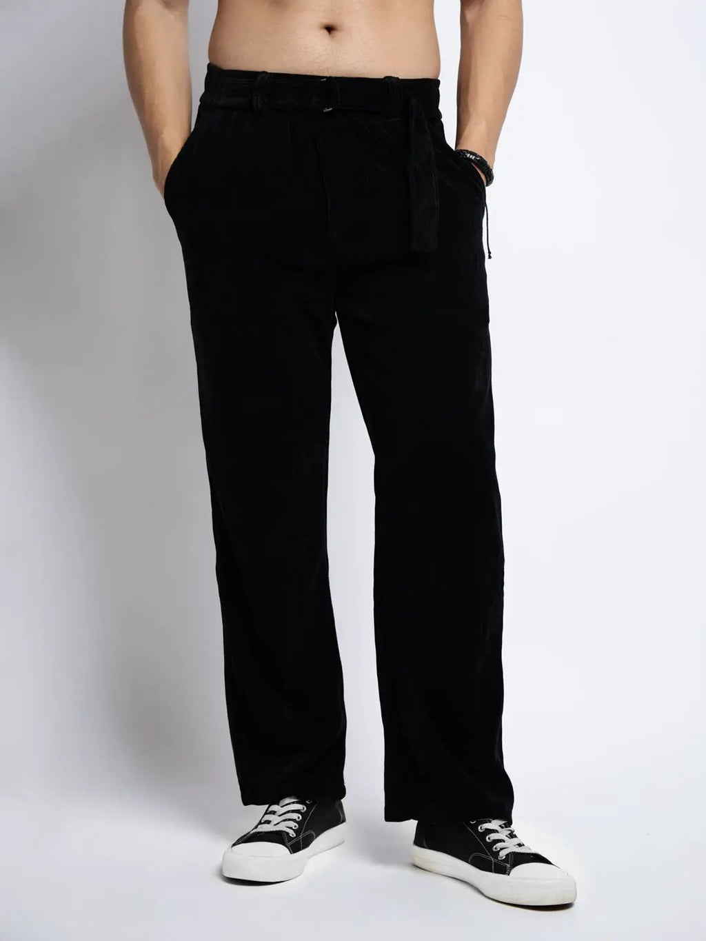Men's Corduroy Black Straight Fit Trousers with Fabric Belt
