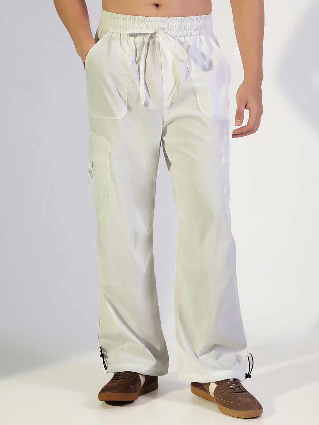 Men's White Relaxed Fit Cargo Trousers with Adjustable Toggle Hem