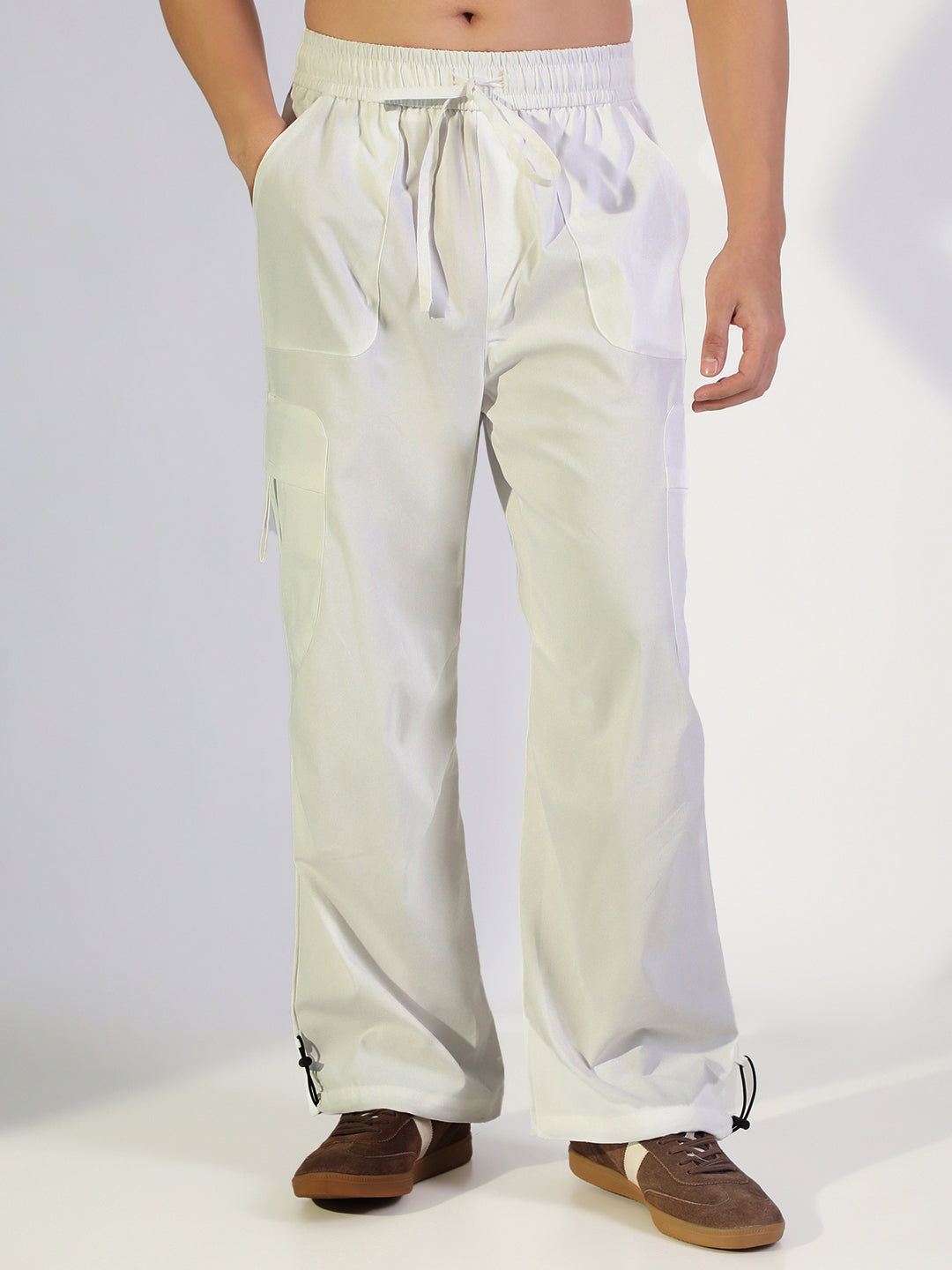 Men's White Relaxed Fit Cargo Trousers with Adjustable Toggle Hem