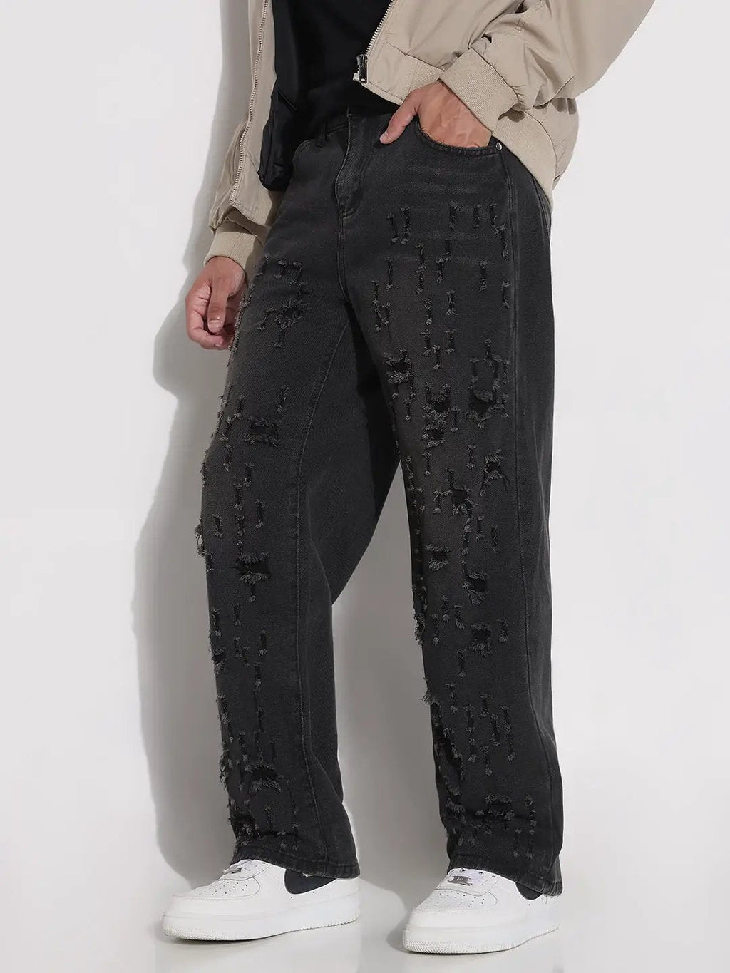 Men's Black Distressed Wide Leg Jeans