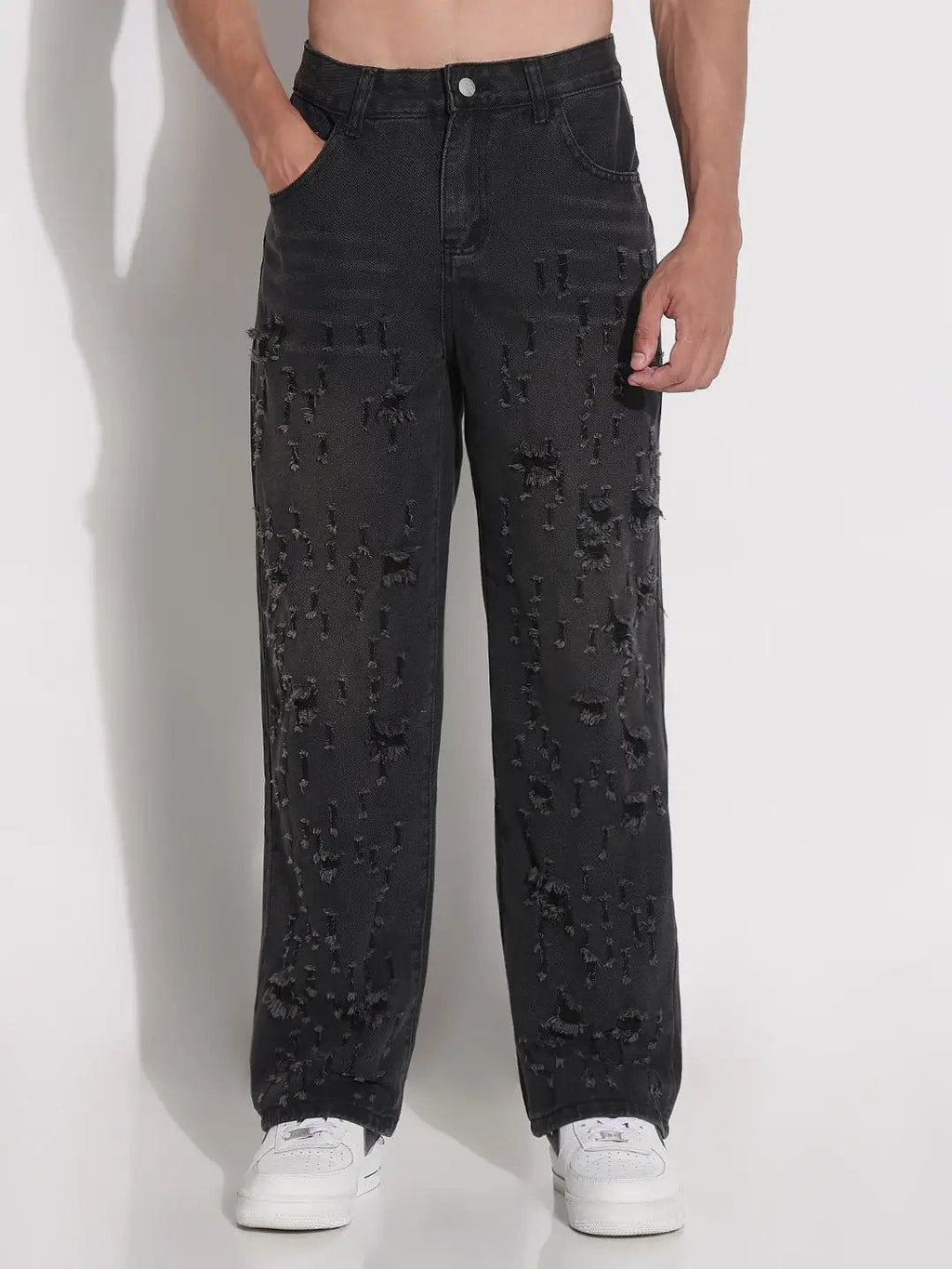 Men's Black Distressed Wide Leg Jeans