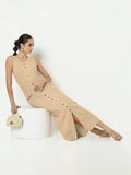 Women's Beige Sleeveless Button-Down Maxi Dress with Front Slit