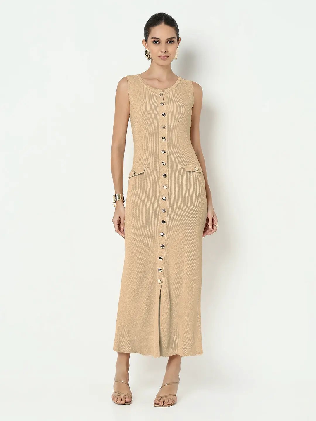 Women's Beige Sleeveless Button-Down Maxi Dress with Front Slit