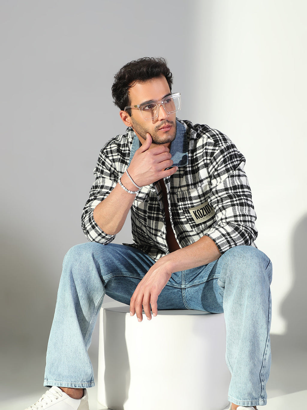 Men's Checked White Relaxed Fit Shacket
