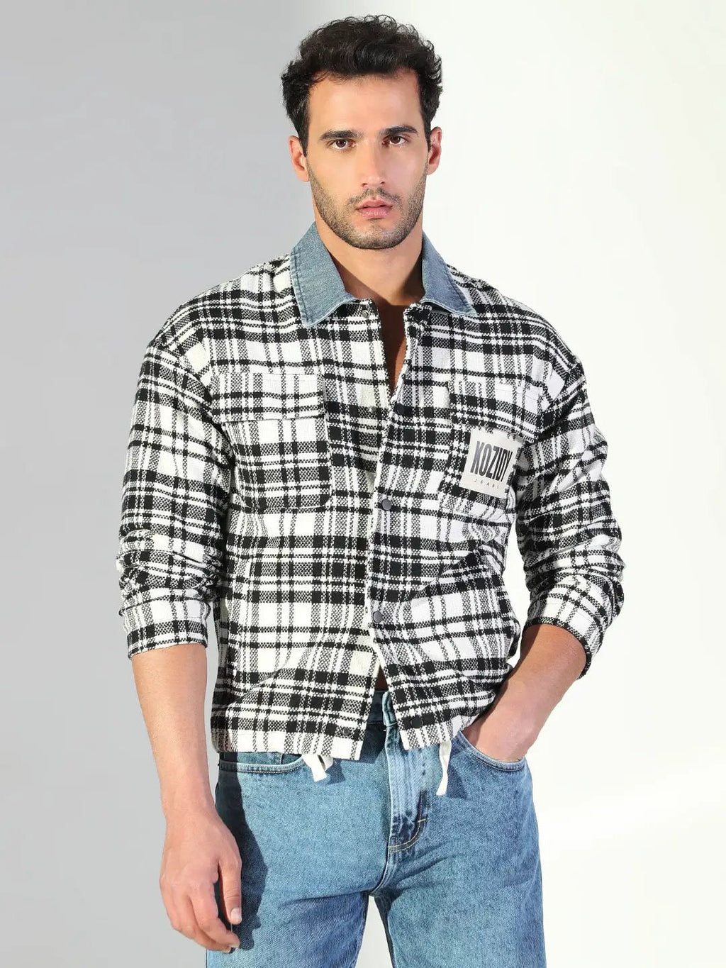 Men's Checked White Relaxed Fit Shacket