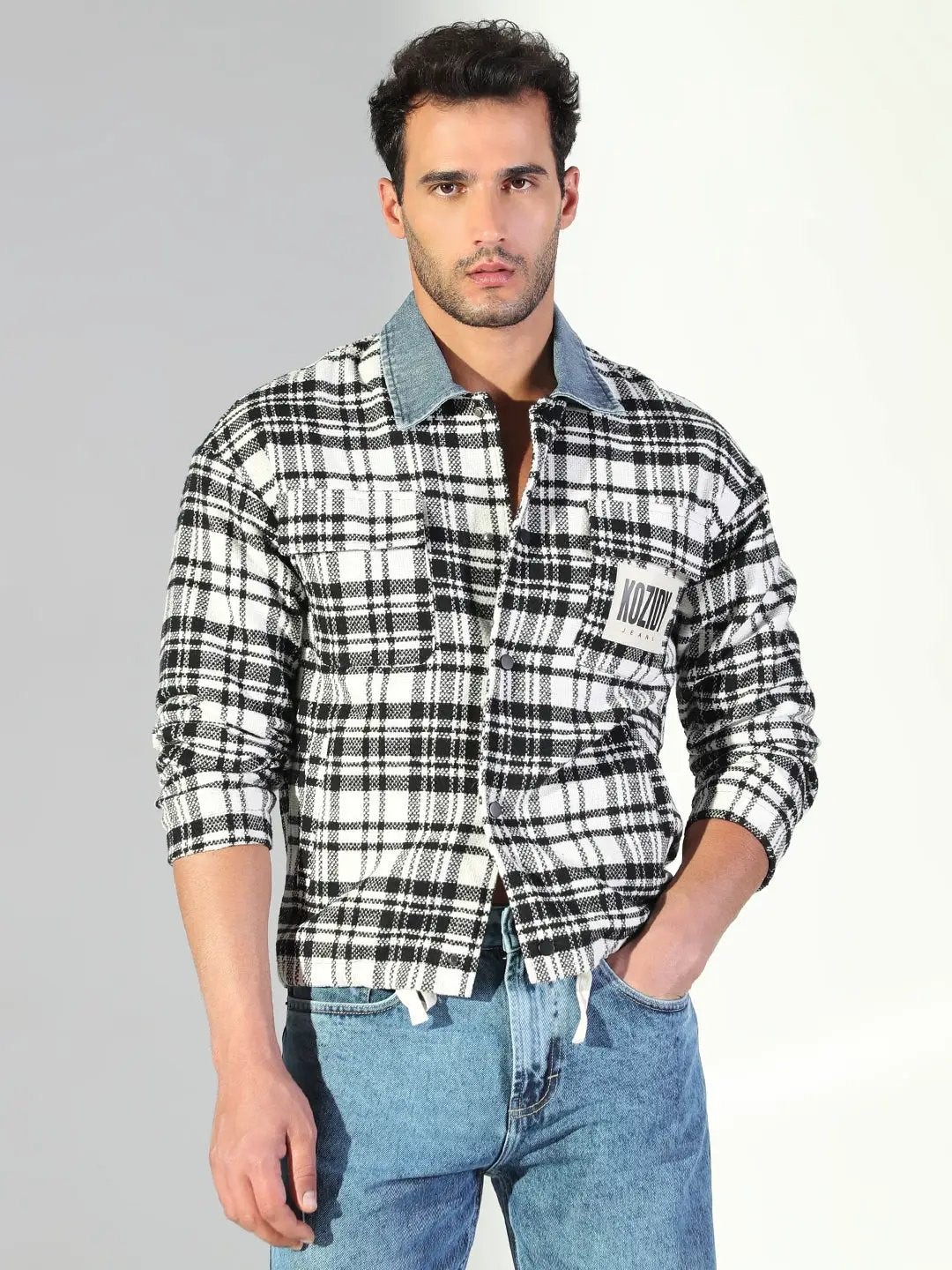 Men's Checked White Relaxed Fit Shacket