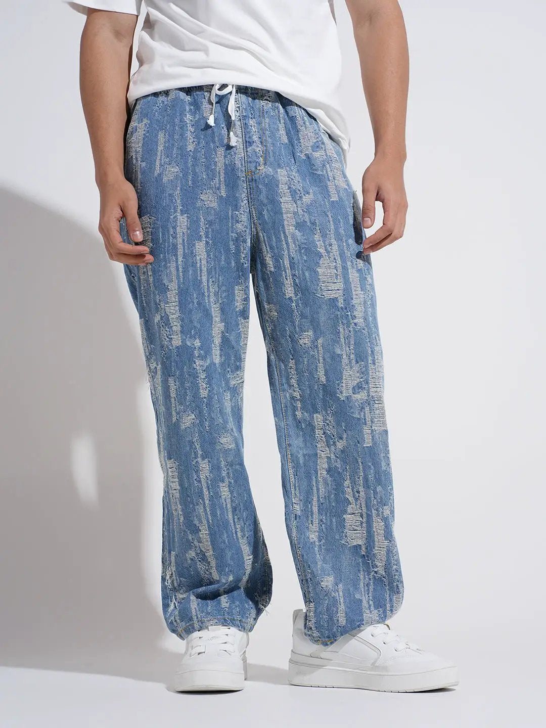 Men's Blue Relaxed Fit Distressed Jeans with Elasticated Waist and Drawstring