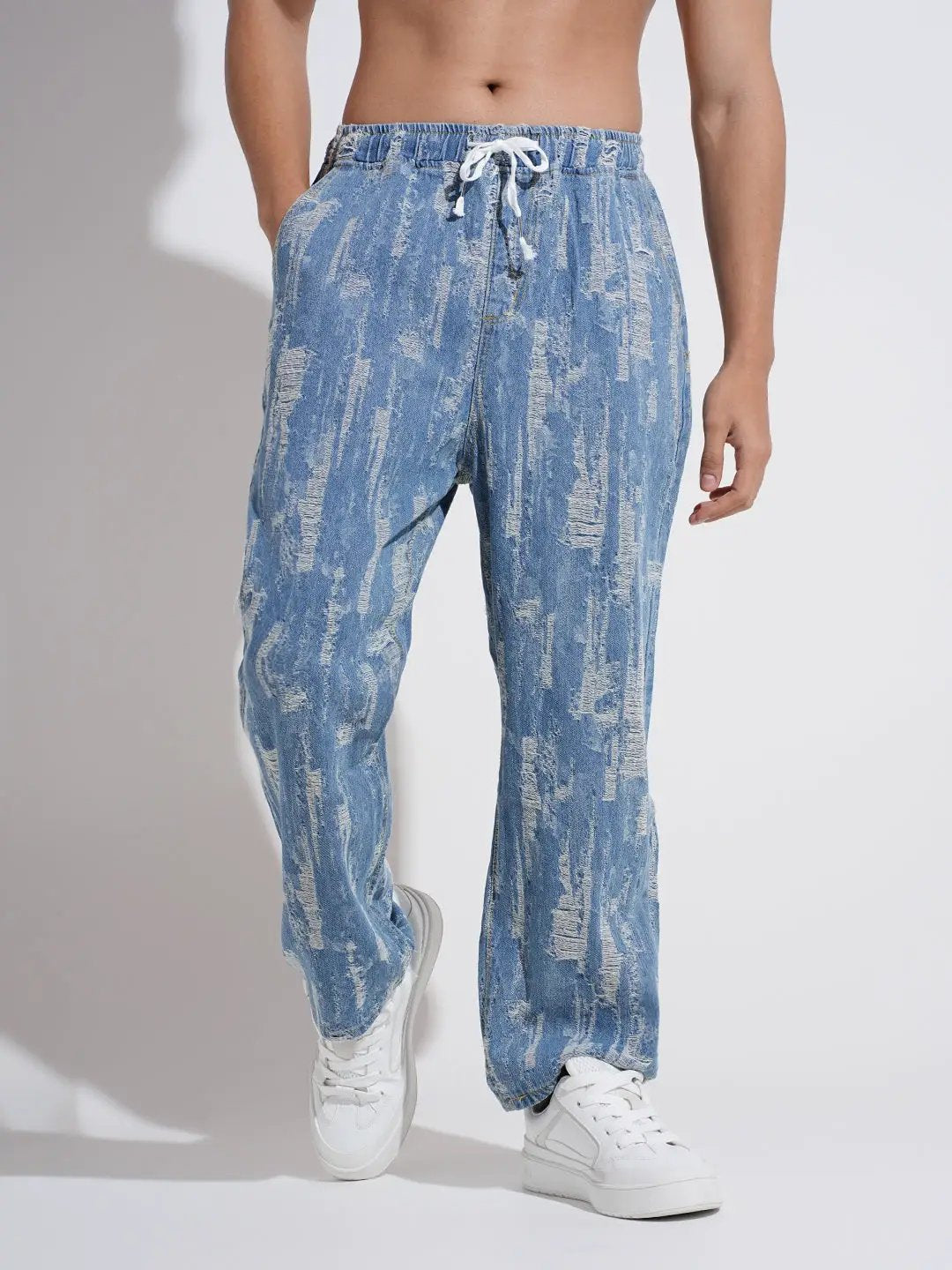 Men's Blue Relaxed Fit Distressed Jeans with Elasticated Waist and Drawstring
