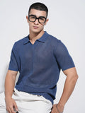 Men's Blue Sheer Short Sleeves Polo Collar Regular Fit Mesh T-Shirt