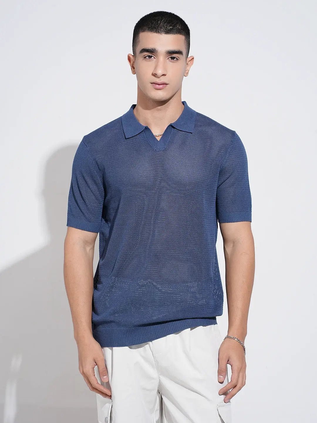 Men's Blue Sheer Short Sleeves Polo Collar Regular Fit Mesh T-Shirt