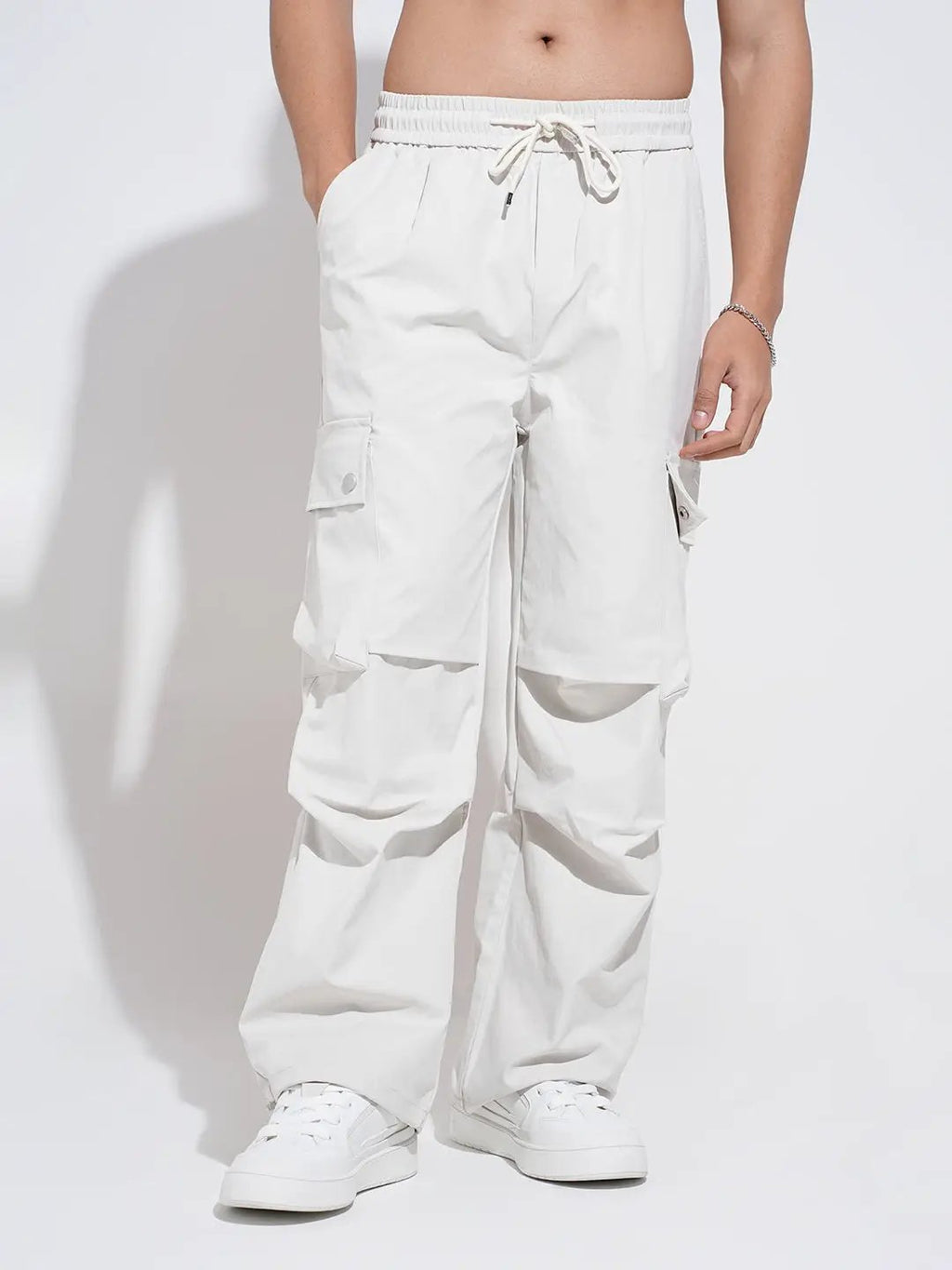 Men's Off White Relaxed Fit Cargo Trousers with Side Stylized Pleats