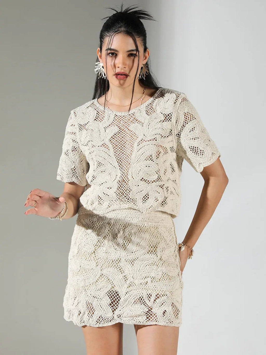 Women's Embroidered Crochet Cream Top with Skirt Co-Ords Set