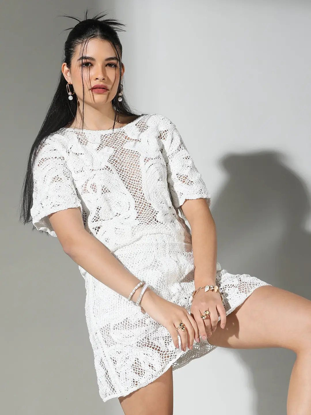 Women's Embroidered Crochet White Top with Skirt Co-Ords Set