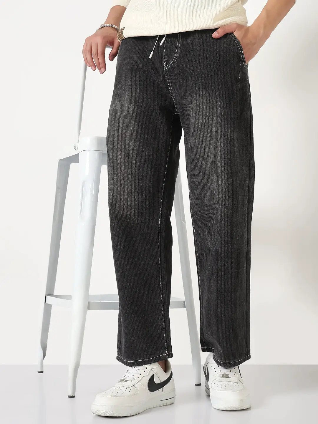 Men's Grey Washed Straight Fit Drawstring Jeans