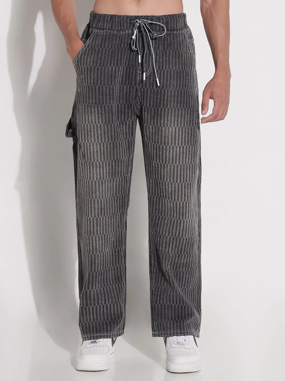 Men's Grey Striped Relaxed Fit Denim Jeans