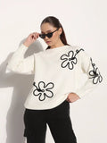 Women's Floral Embroidered White Round Neck Knit Pullover Top