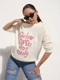 Women's Embroidered Cream Round Neck Knitted Pullover Top