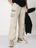 Men's Cream Solid Straight Fit Parachute Cargo Trousers
