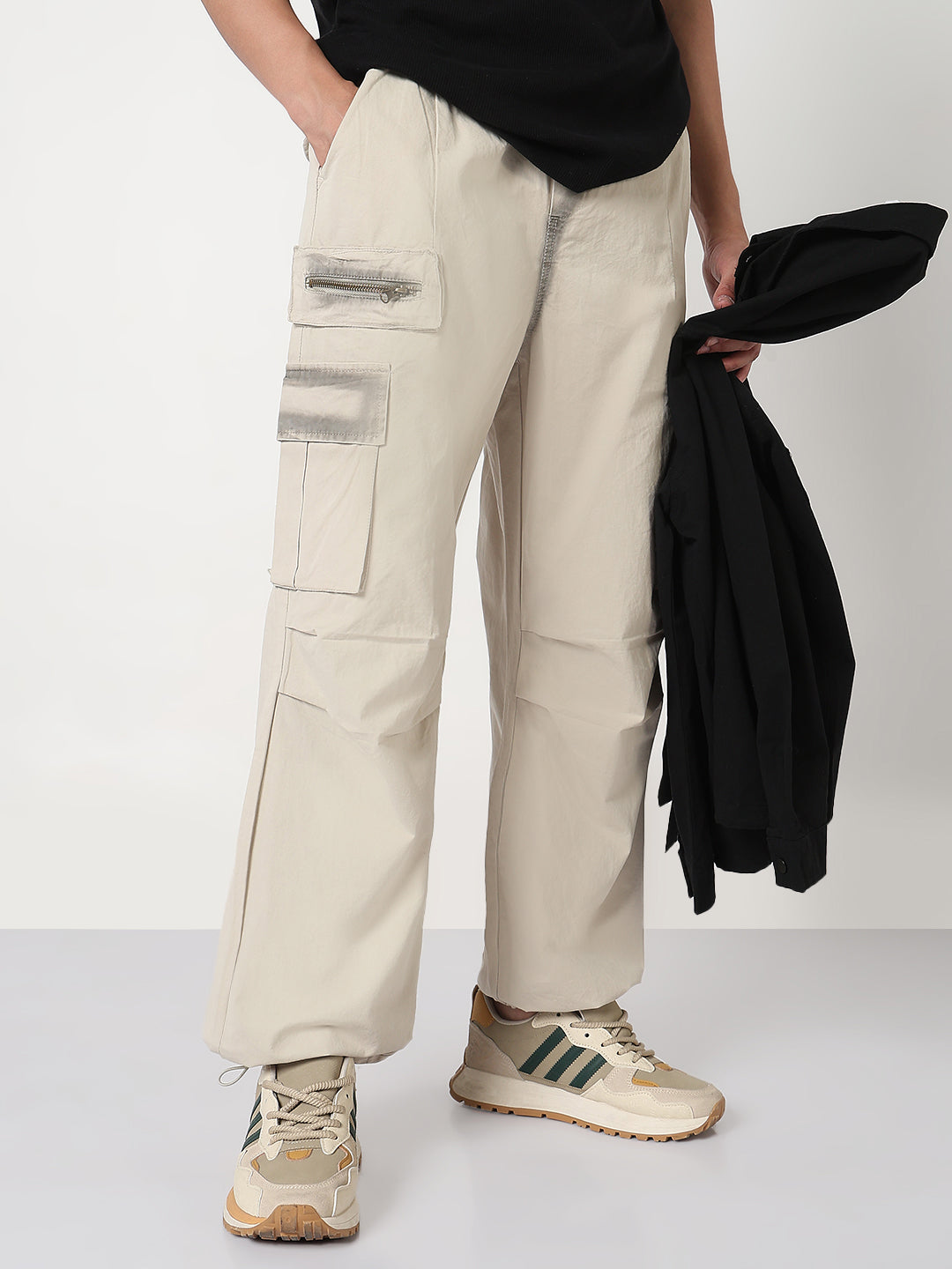 Men's Cream Solid Straight Fit Parachute Cargo Trousers