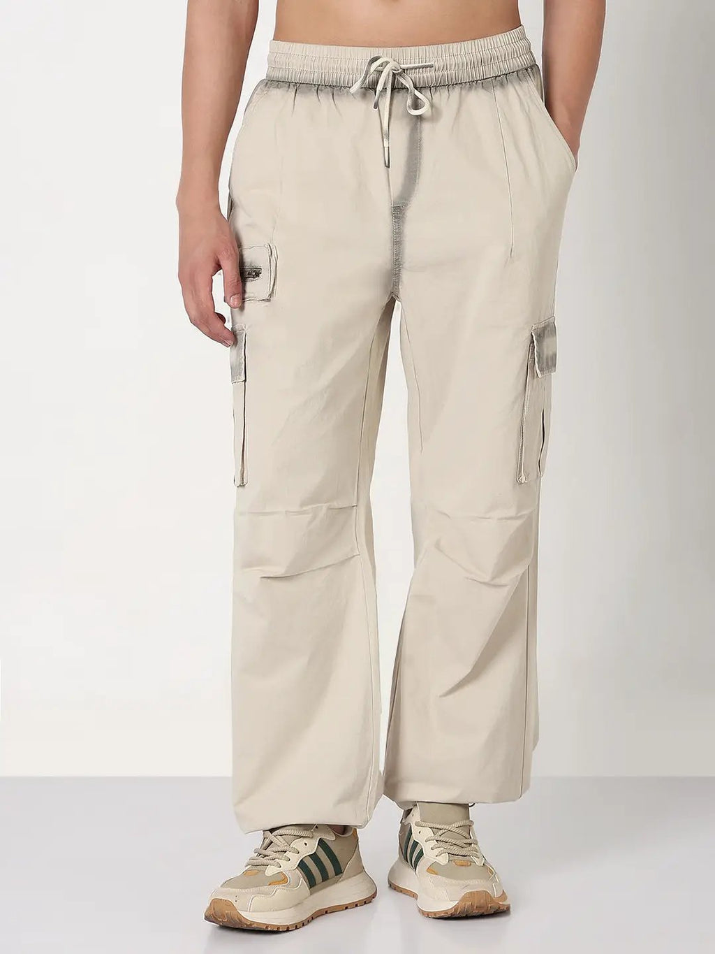 Men's Cream Solid Straight Fit Parachute Cargo Trousers