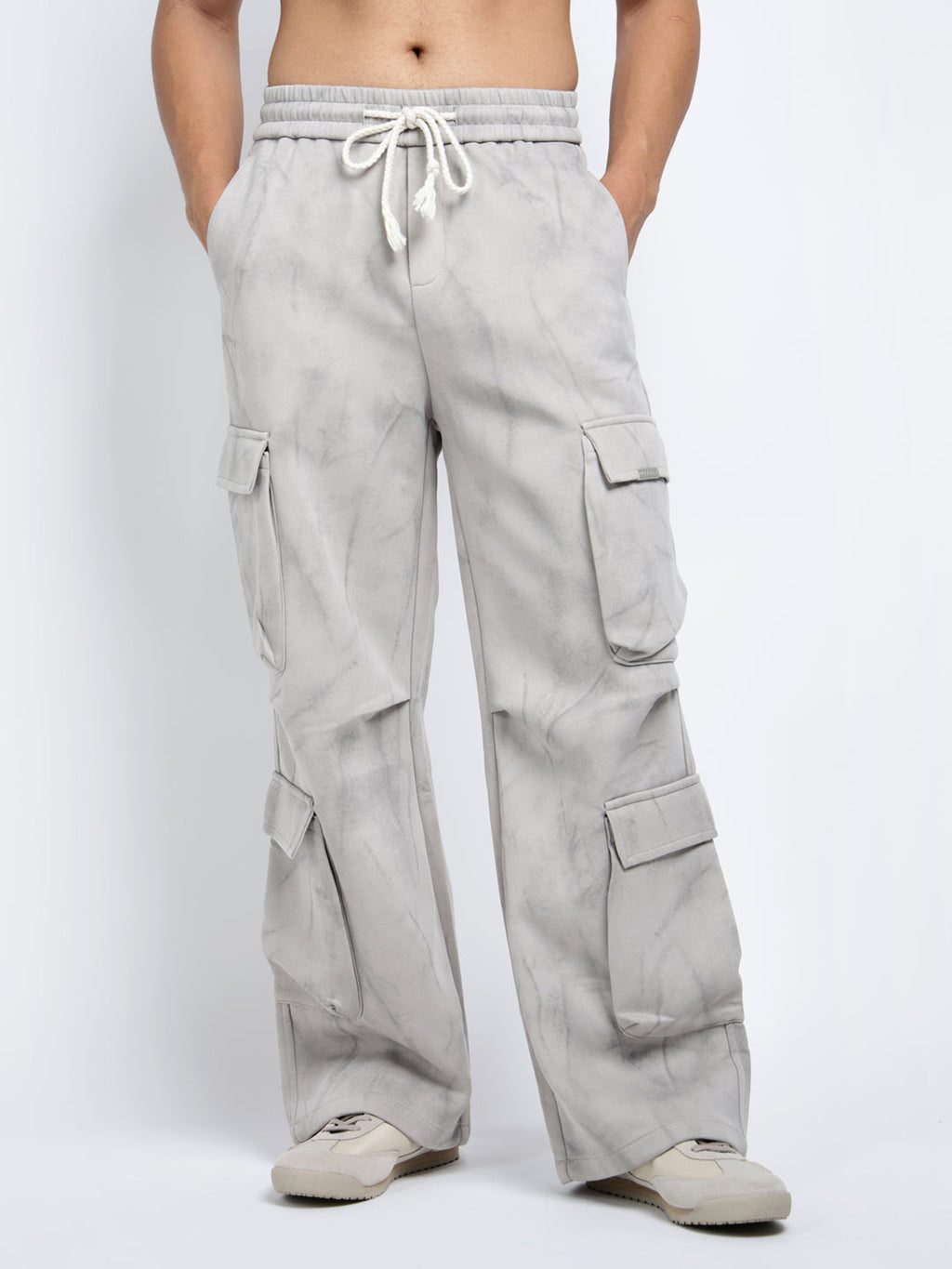 Men's Grey Relaxed Fit Trousers with Stylized Cargo Pockets