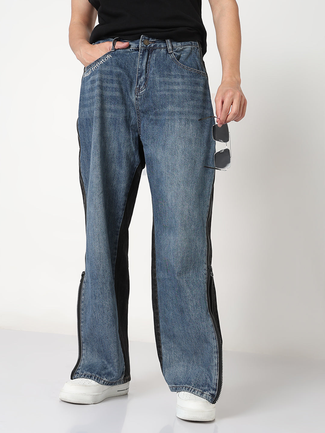 Men's Blue and Black Relaxed Fit Jeans with Side Zip