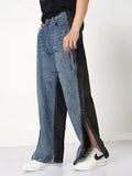 Men's Blue and Black Relaxed Fit Jeans with Side Zip