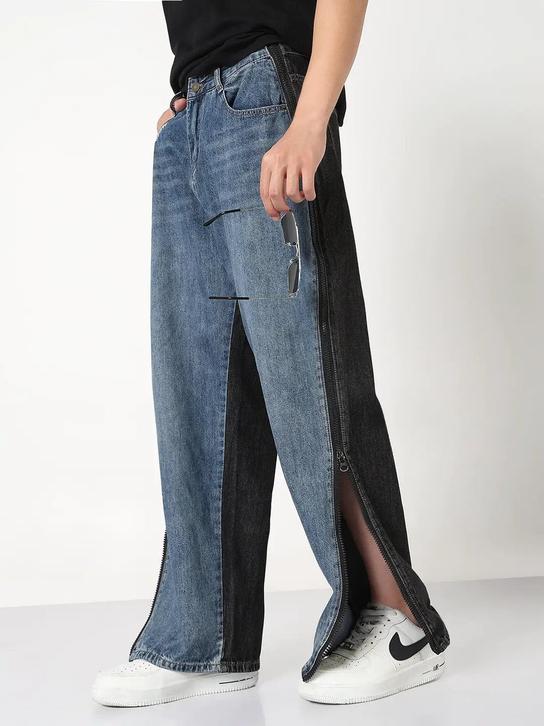 Men's Blue and Black Relaxed Fit Jeans with Side Zip
