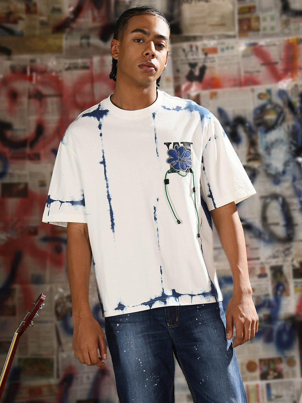 Men's Casual White & Blue Tie & Dye T-Shirt