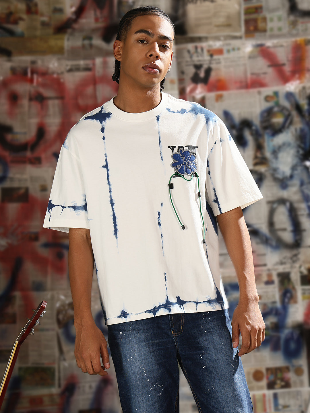 Men's Casual White & Blue Tie & Dye T-Shirt