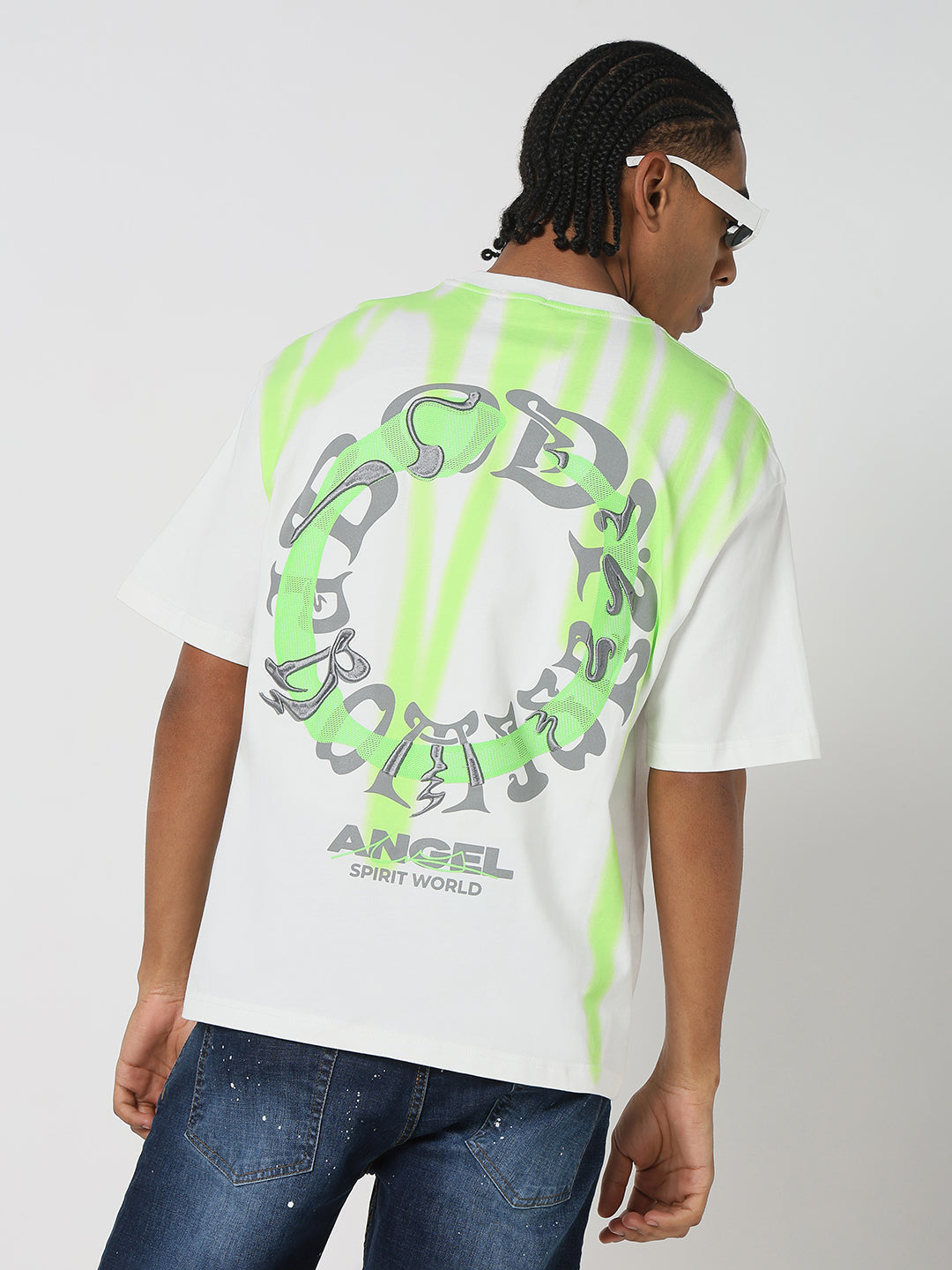 Men's Casual White & Green Printed Graphic T-Shirt