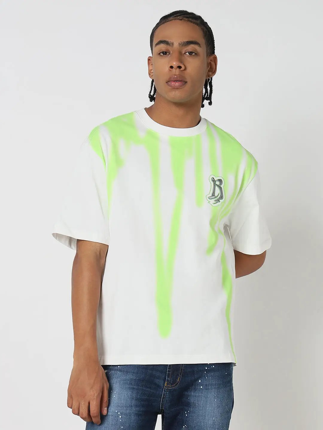 Men's Casual White & Green Printed Graphic T-Shirt