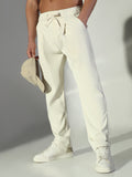 Men's Cream Solid Straight Fit Korean Trousers