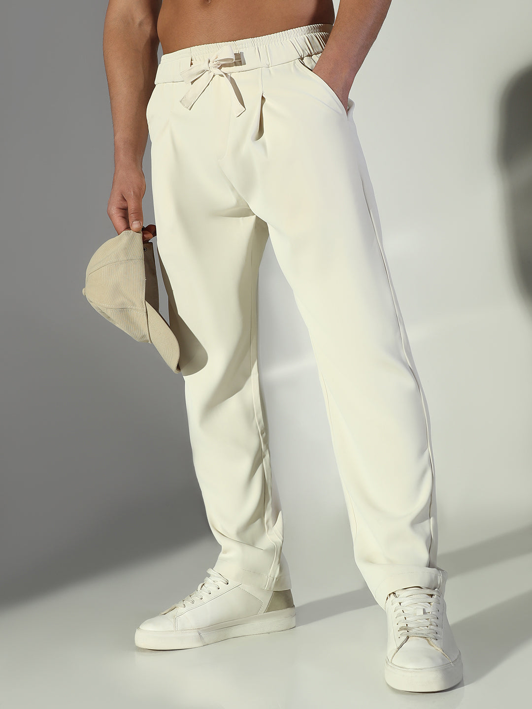 Men's Cream Solid Straight Fit Korean Trousers