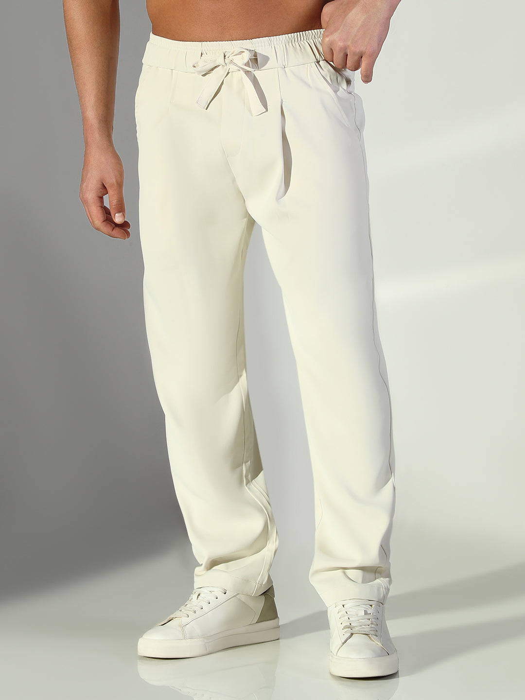 Men's Cream Solid Straight Fit Korean Trousers
