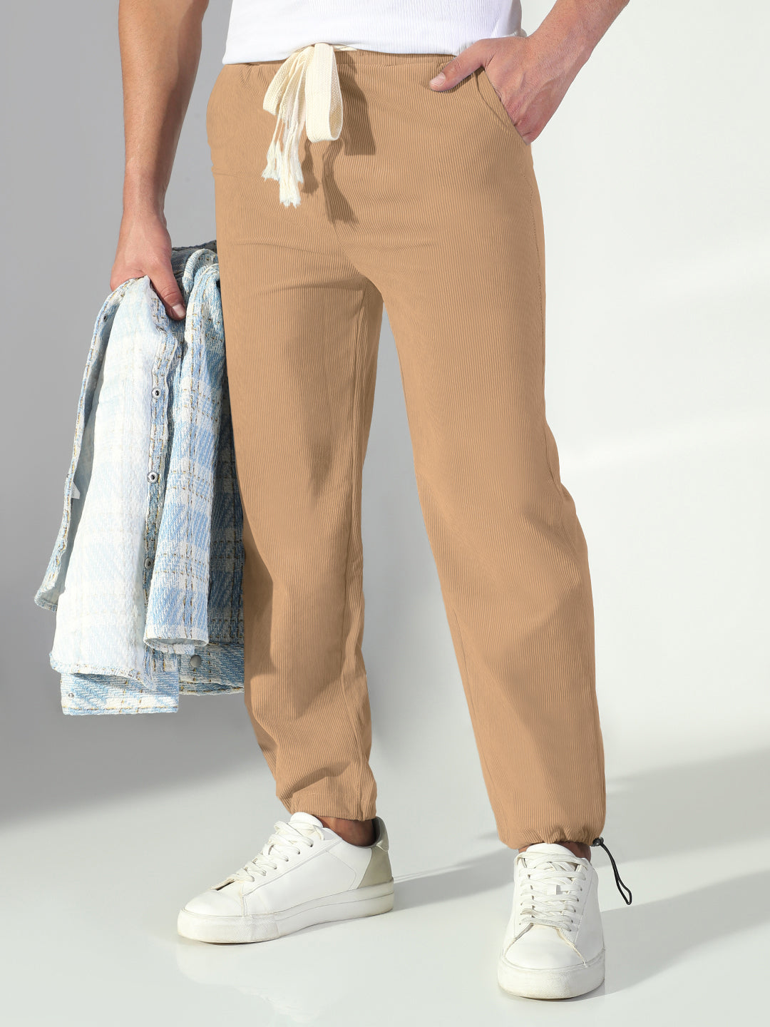 Men's Corduroy Beige Straight Fit Trousers with Adjustable Toggled Hem