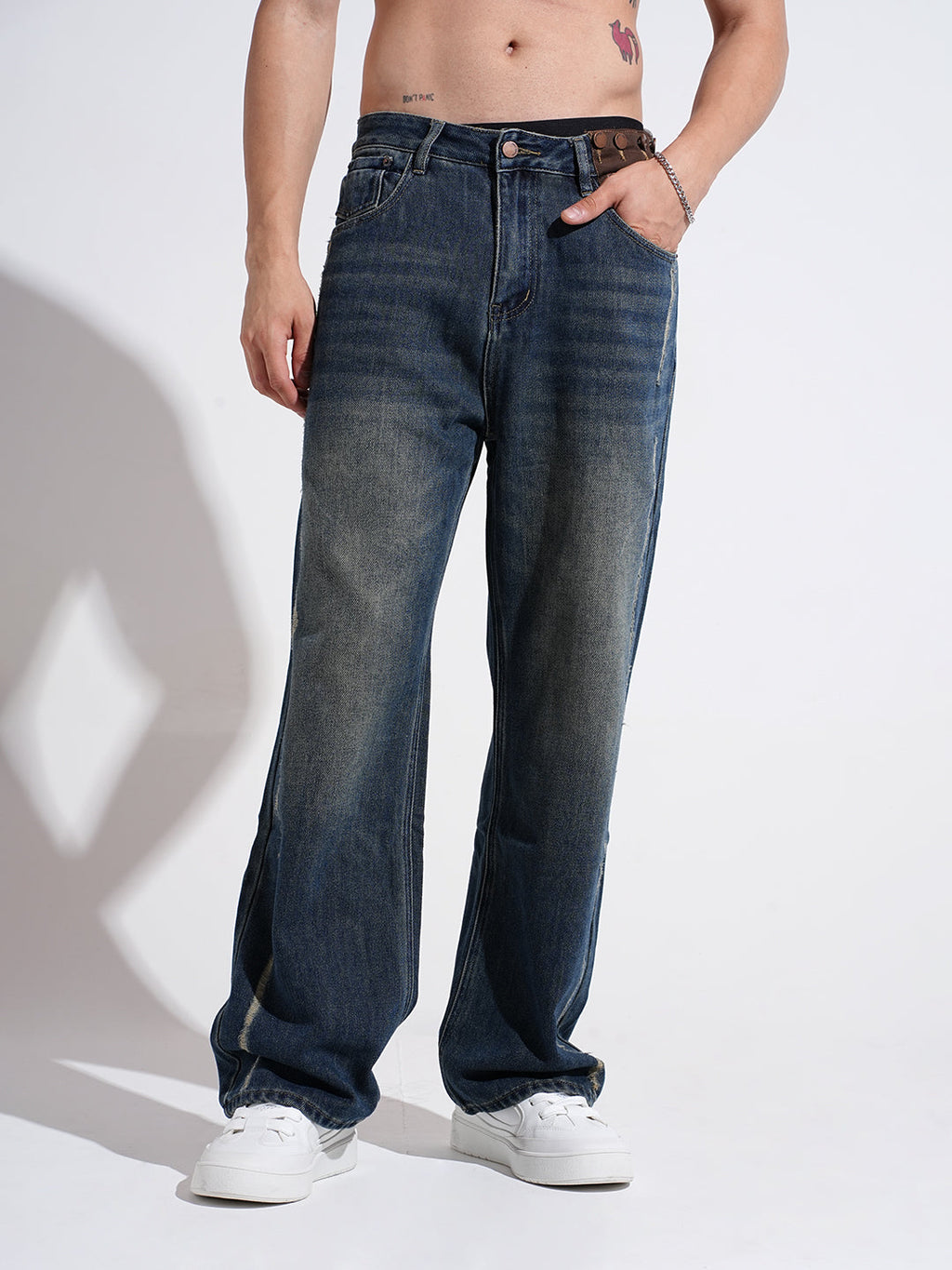 Men's Blue Vintage Wash Loose Fit Distressed Jeans